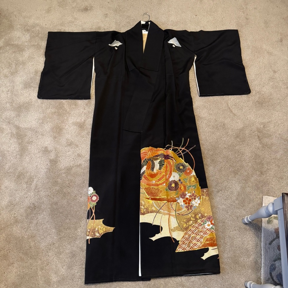Stylish Black Kimono with Gold and Orange Details